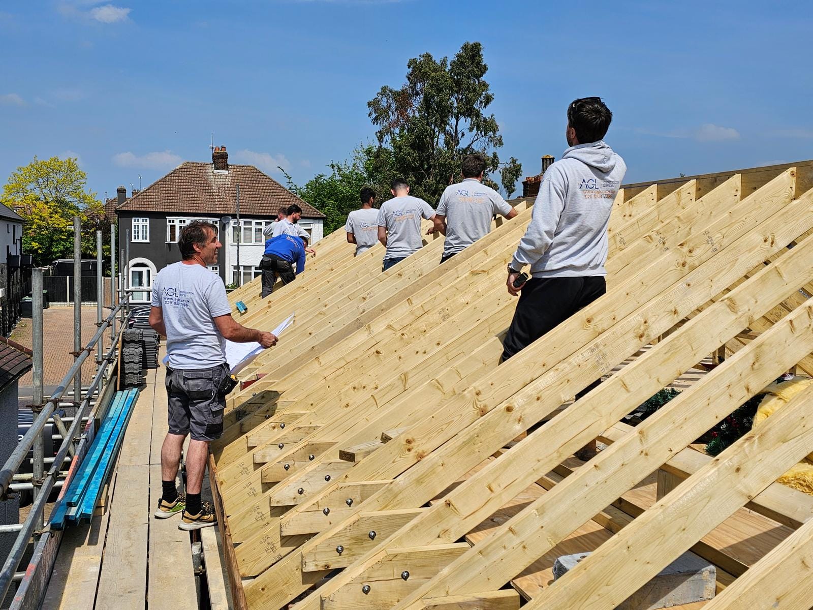 AGL team on the new timber rafters of a replacement roof, one checking drawings on the scaffold.